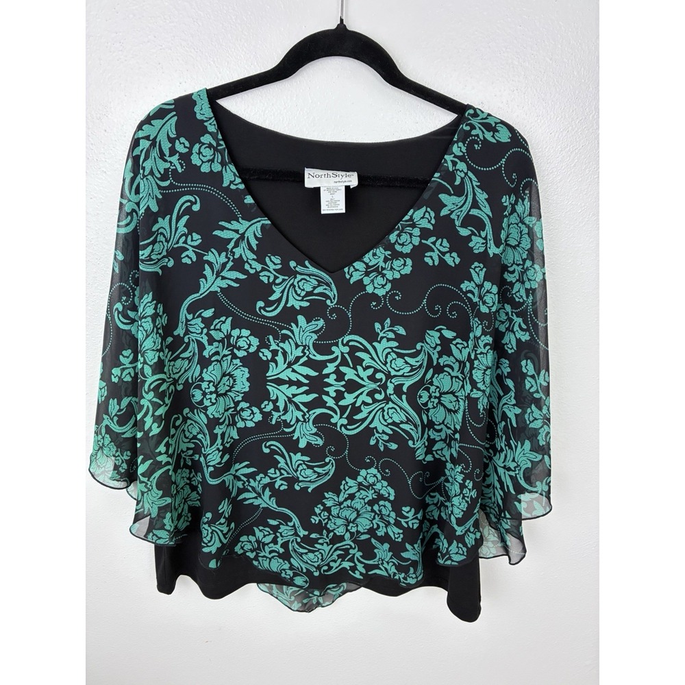 NorthStyle Chiffon Overlay Blouse Size L Green Black Damask Sheer Flutter Top